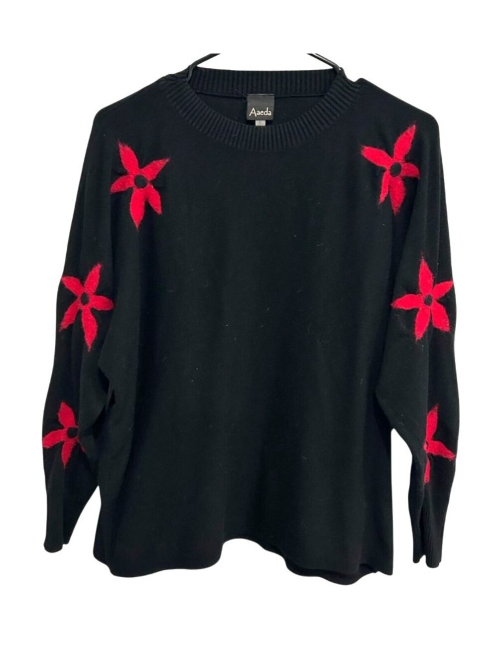 Aaeda Large Black Sweater Red Floral Design Long Sleeves Gardencore Cozycore